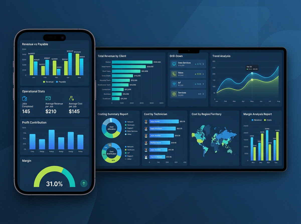 Billflex dashboard showing revenue, payable, operational stats, margin analysis and cost-by-technician analytics